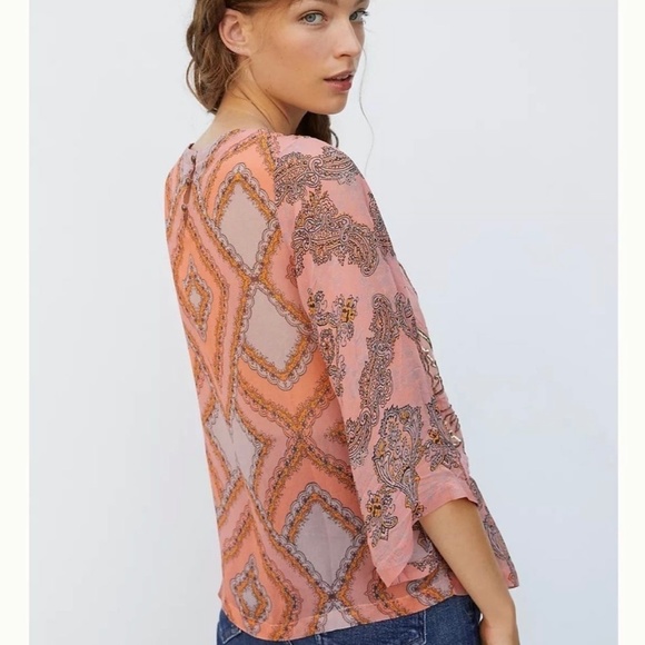 Elegant {Anthro} Beaded <Ignacia> Blouse | Sheer Pink Orange Sequin Top | Small - Picture 6 of 16